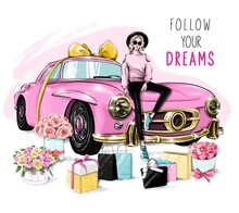 Beautiful Young Woman In Hat Sitting On Pink Car. Fashion Woman With Flower Boxes, Shopping Bags And Gifts. Fashion Illustration.