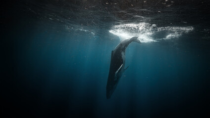 Humpback whale calf underwater diving down into the deep sea, blue water background