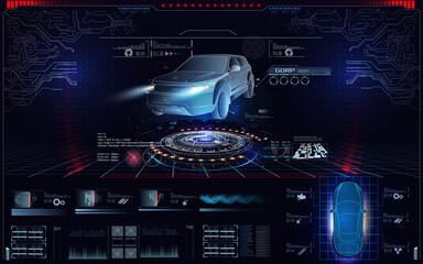 Aufkleber - Futuristic car user interface. Hologram car style in HUD, UI GUI. Hardware Diagnostics Condition of Car. Virtual graphical interface UI GUI HUD auto scanning, analysis and diagnostics, speedometer. VR