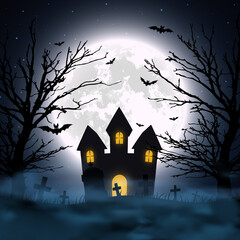 Wall Mural - Halloween night background. Haunted house and full moon. Vector banner.