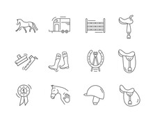 Equestrian Icon Lined Art Set. Collection Of Outlined Horse Riding Icons. Vector Illustration On White Background. 