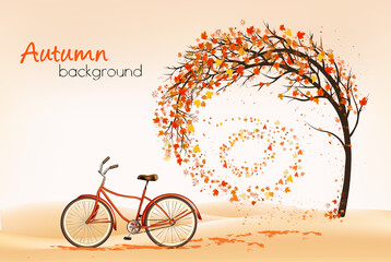 Poster - Hello a gold autumn. Autumn landscape with autumn colorful leaves on the  tree and bike in a park on a background. Vector illustration