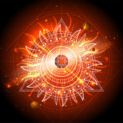 Wall Mural - Vector illustration of Sacred geometric symbol against the space background with galaxy and stars. Mystic sign drawn in lines. Image in orange color.