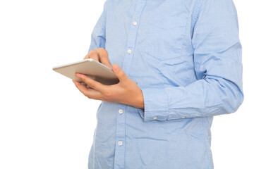 Man in shirt holding iPad tablet