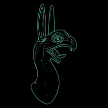 Head Of Griffin. Fantastic Animal, Ancient Greek Or Scythian Art. Hand Drawn Linear Doodle Ink Sketch. Green Silhouette On Black Background.