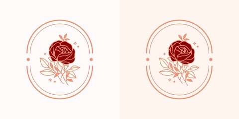 Hand drawn vintage botanical rose flower logo and pink beauty brand element