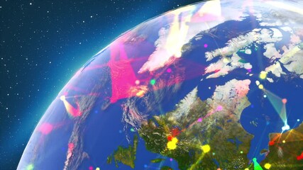 Poster - Rotating planet Earth covered grid with thin lines and connection dots. Computer genereted stars background. 3D rendering elements of this image furnished by NASA