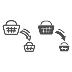 Poster - Shopping basket decrease line and solid icon, economic sanctions concept, decline in purchasing power sign on white background, big and small consumer basket icon in outline style. Vector graphics.