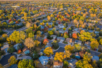 fall colors under wildfire smoke - aerial cityscape of Fort Collins in northern Colorado with smoke from Cameron Peak (CO) and Mullen (WY) Fires (October 2020), poor air quality with high PM2.5 index