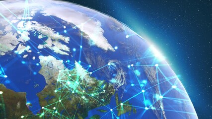 Poster - Rotating planet Earth covered grid with thin lines and connection dots. Computer genereted stars background. 3D rendering elements of this image furnished by NASA