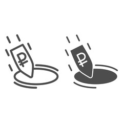 Poster - Ruble rapidly fall into hole line and solid icon, economic sanctions concept, Ruble Rate Decrease sign on white background, russian rouble inflation icon in outline style for mobile. Vector graphics.