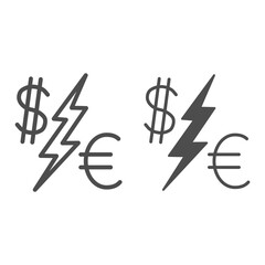 Poster - Dollar vs Euro line and solid icon, economic sanctions concept, Currency Symbols with lightning sign on white background, euro and dollar icon in outline style for mobile and web. Vector graphics.