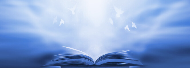 Poster - The blurred book that is bewitched with magic, the magic light in the dark, with the bright light shining down as the power to search for knowledge. For research and use as a blurred background