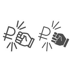 Poster - Fist and ruble currency line and solid icon, economic sanctions concept, Hit ruble with arm sign on white background, russian currency sanctions icon outline style for mobile and web. Vector graphics.