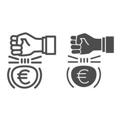 Poster - Fist and euro currency line and solid icon, economic sanctions concept, Hit euro with arm sign on white background, european currency under kick icon outline style for mobile and web. Vector graphics.