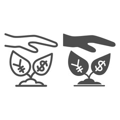 Poster - Yen and dollar growth control line and solid icon, economic sanctions concept, protective hand with currency plants sign on white background, Hand above dollar and yen icon outline. Vector graphics.