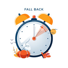 Daylight Saving Time Concept. Autumn Landscape With Text Fall Back, The Hand Of The Clocks Turning To Winter Time. DST In Northern Hemisphere, USA Time, Vector Illustration In Modern Flat Style Design