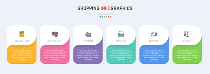 Concept of shopping process with 6 successive steps. Six colorful graphic elements. Timeline design for brochure, presentation, web site. Infographic design layout.