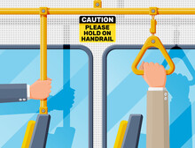 Hand Holding Handrail In Transport. Handles For Safety Transportations Of Passengers In Bus, Metro, Train. Straight And Triangle Yellow Handle. Seats, Windows And Handrail. Flat Vector Illustration