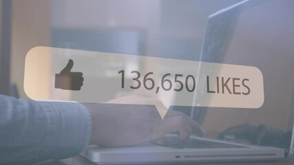 Poster - Speech bubble with thumbs up icon and increasing numbers against person using laptop