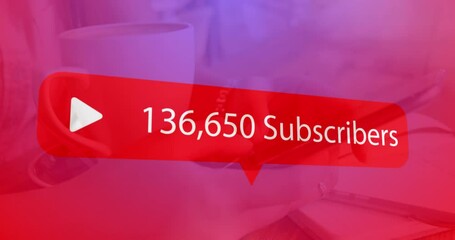 Poster - Speech bubble with subscribers text with increasing numbers against woman using smartphone