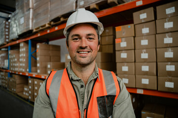 Portrait of handsome caucasian male worker standing in factory 