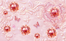 3d Illustration, Pink Embossed Background With Butterflies, Bright Rose-gold Jewelry Flower Buds