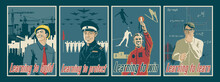 Learning To Build, Protect, Win! Old Propaganda Style Poster Set, Builder, Soldier, Athlete, Scientist 
