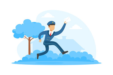 Wall Mural - Running Postman Delivering Letter, Mailman in Blue Uniform Delivering Mails to Customers, Delivery Service Concept Vector Illustration.