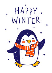 Wall Mural - Cute little penguin wearing warm knitted scarf isolated on white background - cartoon character for funny Christmas and New Year winter greeting card and poster design