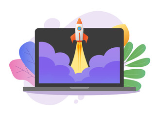 Aufkleber - Rocket launch business boost online on computer screen vector colorful flat design, high speed development of project, digital fast quick growing pc internet start up, new product release