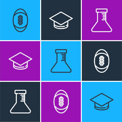 Set line American Football ball, Test tube and flask and Graduation cap icon. Vector.