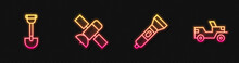 Set Line Flashlight, Sapper Shovel, Satellite And Military Jeep. Glowing Neon Icon. Vector.