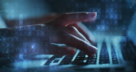 Close up of business woman's hands busy working on latest innovative sophisticated technology laptop or computer keyboard with augmented reality holograms for send emails and surf on a web browser.