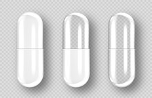 Empty Pill Capsules Isolated On Transparent Background. Vector Realistic Pharmaceutical Capsule