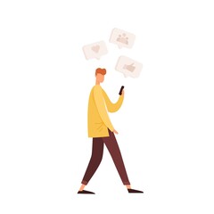 Poster - Faceless male character using social media, messaging on mobile phone, getting online notifications. Young man hold smartphone and texting in messenger. Flat vector illustration isolated on white