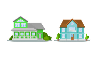 Canvas Print - Residential Houses Exterior with Green Bushes Vector Set