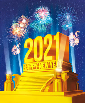 Golden Happy New Year 2021 (3d rendering) on a platform against starry night and fireworks celebration