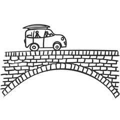 Car on bridge doodle, Small vehicle with two stick figure and luggage rack box on roof traveling on arched brick bridge, illustration isolated road trip cartoon, Vector sketch