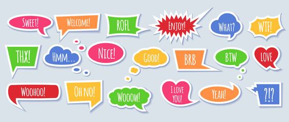 Aufkleber - paper speech bubble with phrases - colorful cartoon comic bubbles and clouds.
