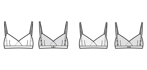 Sheer Bralette lingerie technical fashion illustration with adjustable shoulder strap, hook-and-eye closure. Flat brassiere template front back white color style. Women men unisex underwear CAD mockup