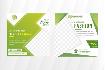 Poster - Set of social media posting banner design template for new trend arrivals fashion clothes with triangle shape for photo. green and white background. square layout.