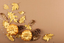 Beautiful Stylish Autumn Background With Golden Leaves And Pumpkins Top View With Place For Text