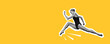 © master1305 - Ballerina jumping high, looks strong. Collage in magazine style with bright yellow background. Flyer with trendy colors, copyspace for ad. Discount, sales season, fashion and style concept.