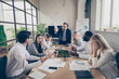 © deagreez - Profile side view of nice attractive stylish skilled partners mad ceo boos chief yelling delegating leasing fail failure conflict at modern loft industrial brick interior style workplace workstation
