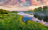 Fototapeta Na ścianę - Colorful summer scene on the shore of Strypa river. Perfect sunrise on green valley, Ternopil region, Ukraine, Europe. Traveling concept background.