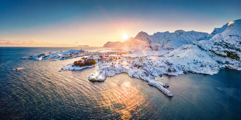 Wall Mural - view from flying drone of lofoten islands. picturesque winter cityscape of sorvagen, norway, europe.
