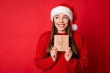 Close-up Portrait Of Her She Nice Attractive Pretty Cute Cheerful Cheery Girl Holding In Hands Giftbox Enjoying Tradition Isolated Over Bright Vivid Shine Vibrant Red Color Background