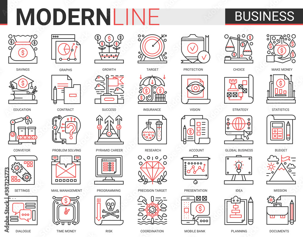 Business complex concept thin red black line icon vector set with ...