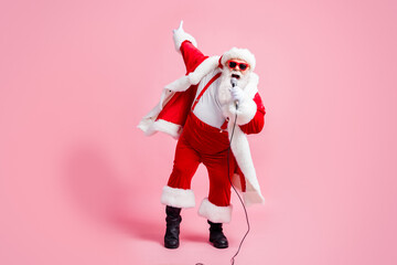 full length photo crazy north-pole celebrity grey beard santa claus big belly sing song mic christma